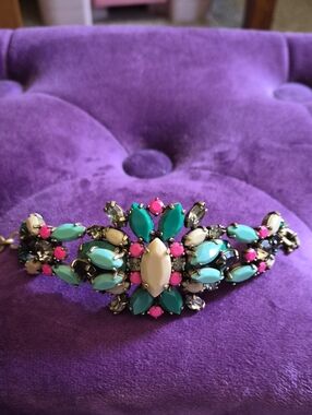 NWOT J. Crew Statement Floral Crystal Bracelet in Teal, Cream & Hot Pink